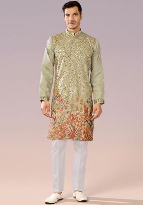 Olive Embroidered Cotton Kurta Set For Men