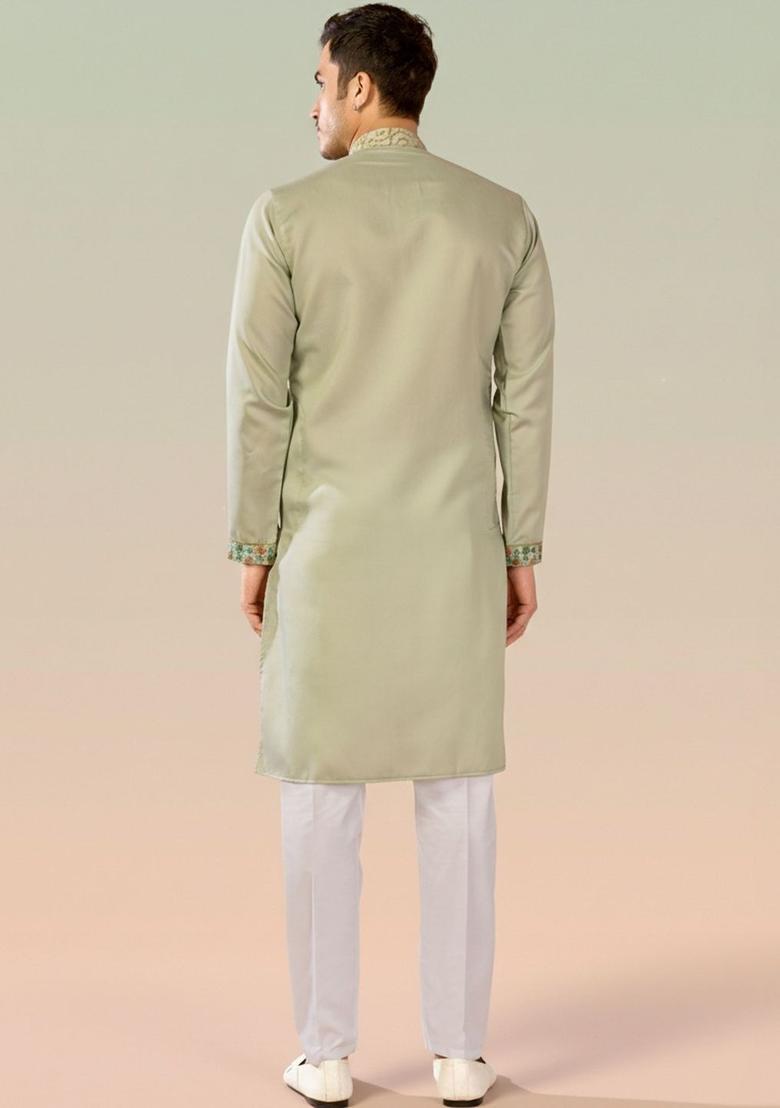 Olive Embroidered Cotton Kurta Set For Men - Indya