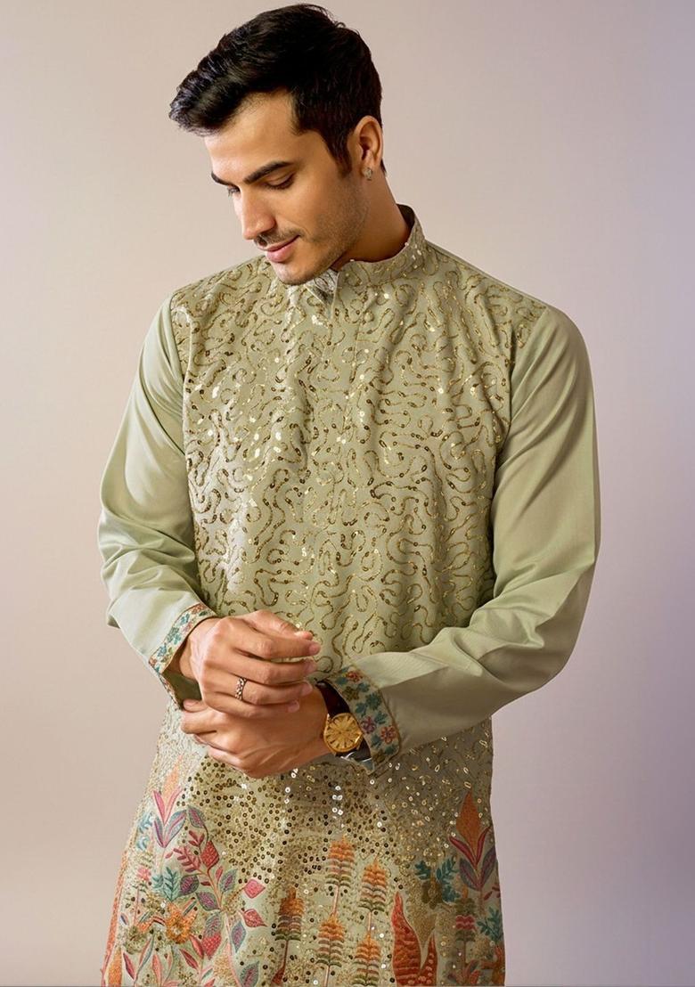 Olive Embroidered Cotton Kurta Set For Men - Indya