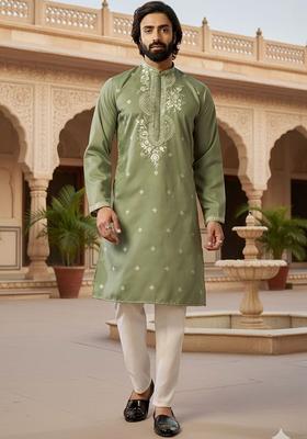 Olive Embroidered Silk Kurta Set For Men