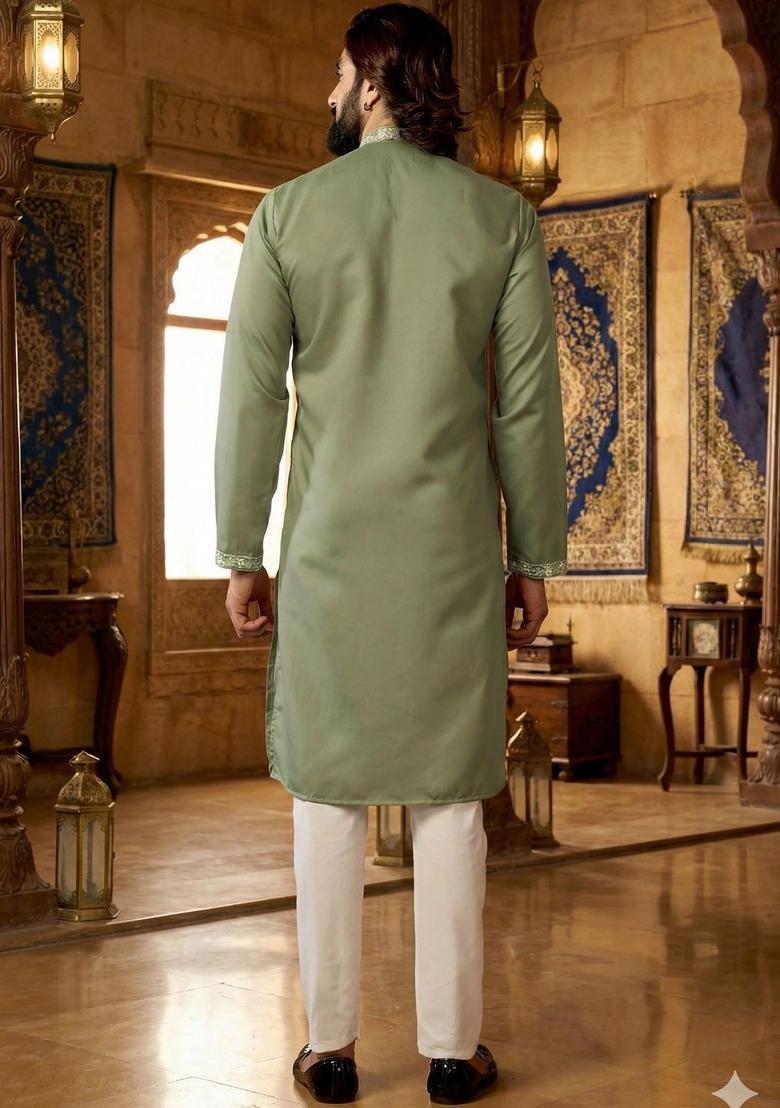 Olive Embroidered Silk Kurta Set For Men - Indya