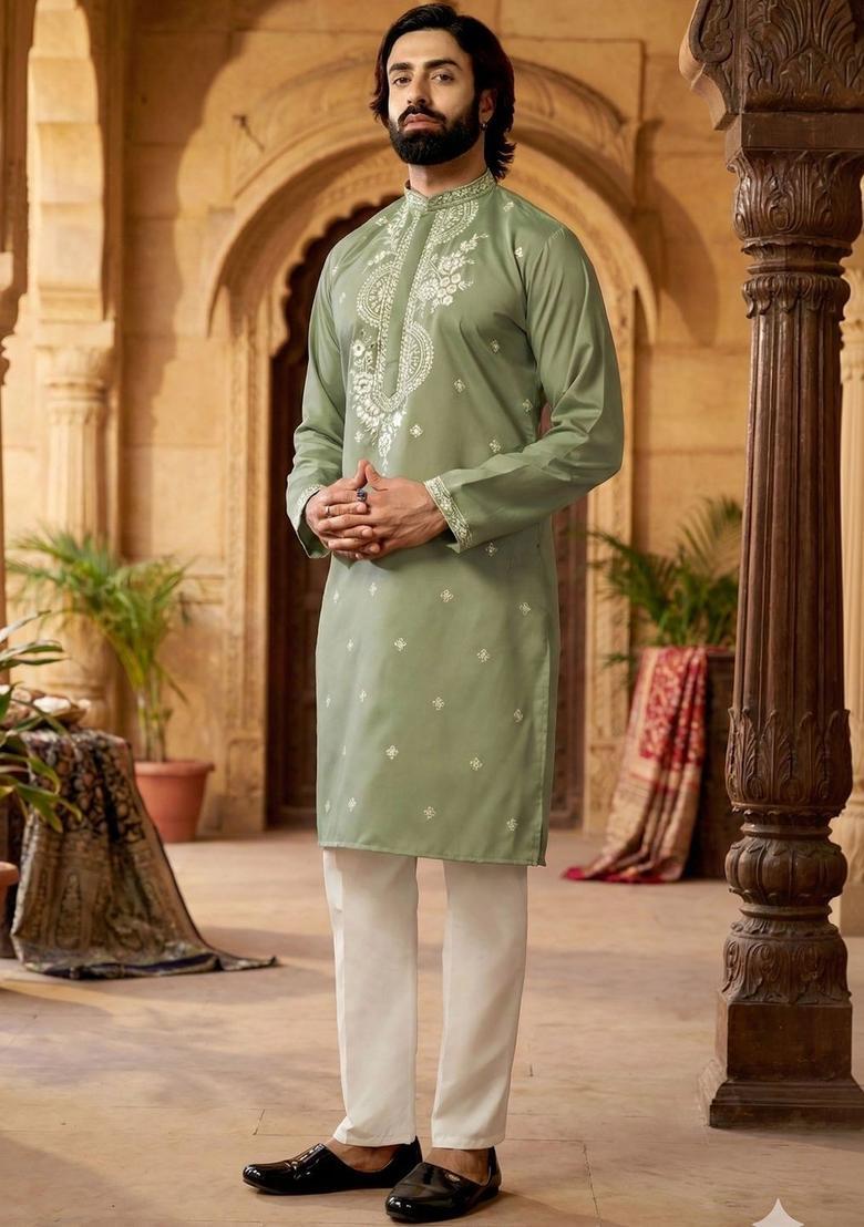 Olive Embroidered Silk Kurta Set For Men - Indya