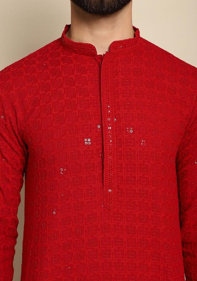 Maroon Embroidered Cotton Kurta Set For Men - Indya