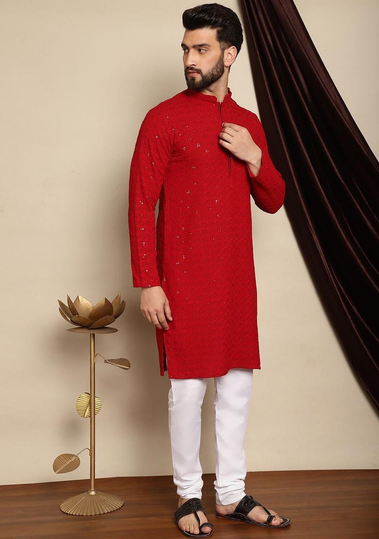 Maroon Embroidered Cotton Kurta Set For Men - Indya