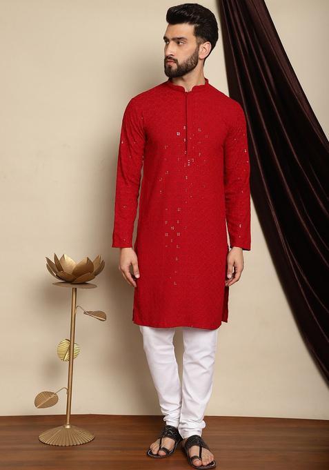 Maroon Embroidered Cotton Kurta Set For Men