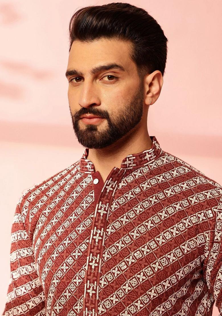 Maroon Embroidered Cotton Kurta Set For Men - Indya