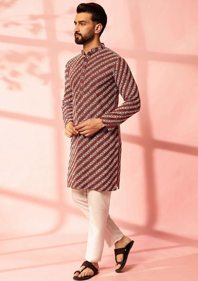 Maroon Embroidered Cotton Kurta Set For Men - Indya