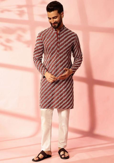 Maroon Embroidered Cotton Kurta Set For Men