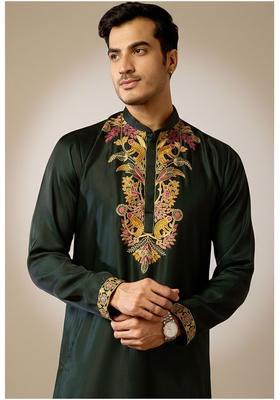 Green Embroidered Polyester Kurta Set For Men