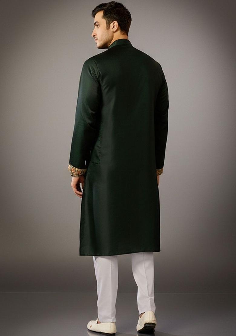 Green Embroidered Polyester Kurta Set For Men - Indya