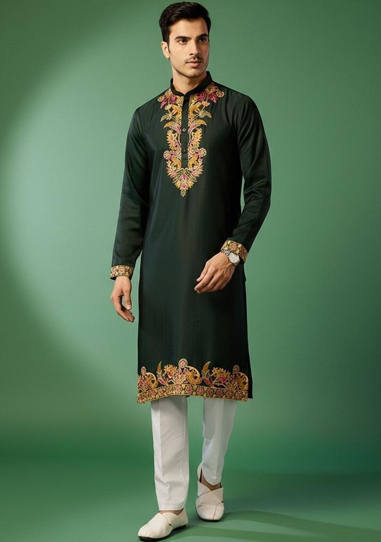Green Embroidered Polyester Kurta Set For Men - Indya