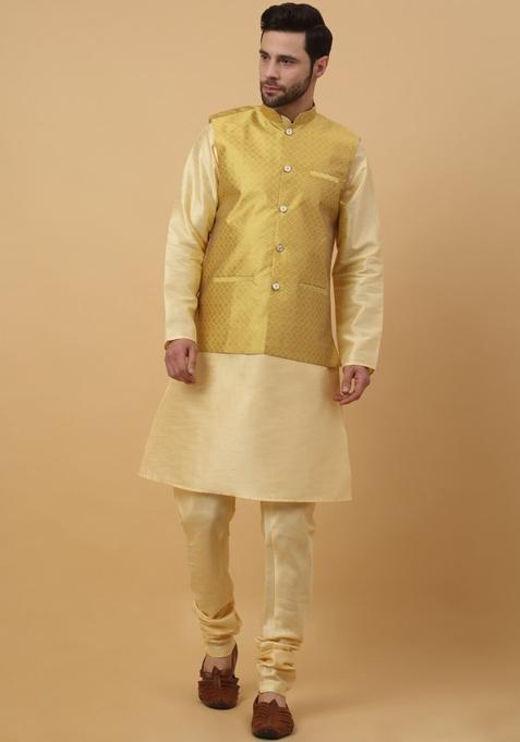 Beige Solid Silk Kurta Set For Men