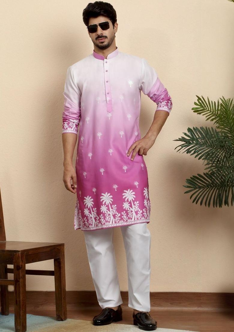 Pink Dyed Cotton Kurta Set For Men - Indya
