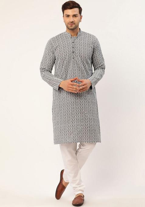 Grey Self Design Cotton Kurta Set For Men