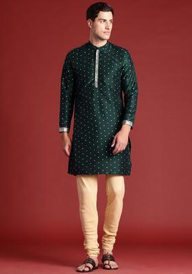 Green Printed Polyester Kurta Set For Men