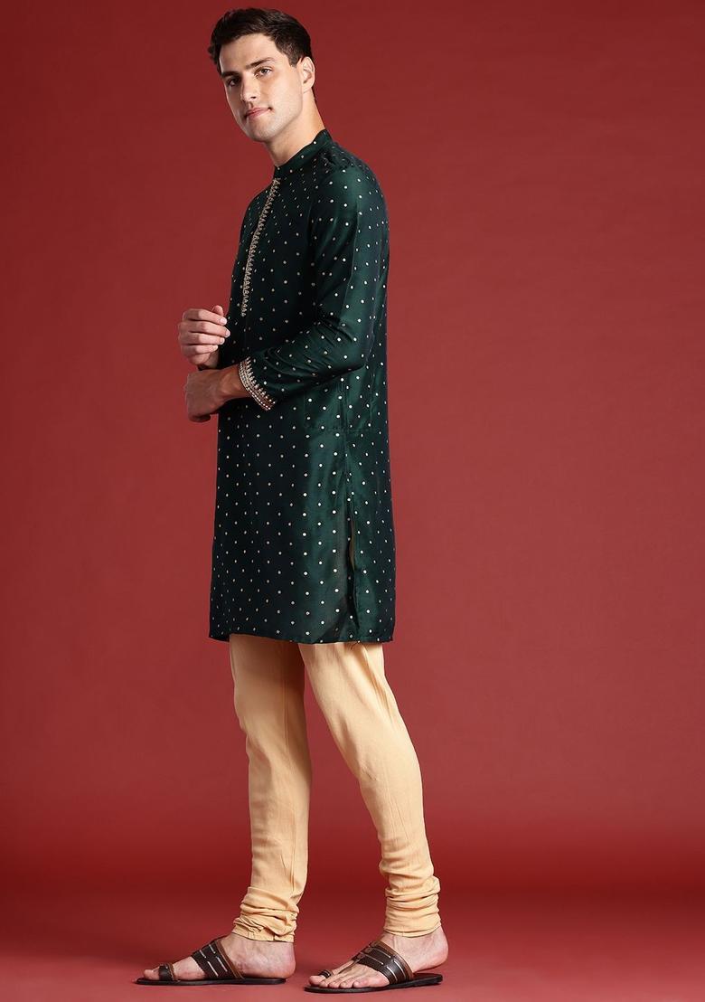 Green Printed Polyester Kurta Set For Men - Indya