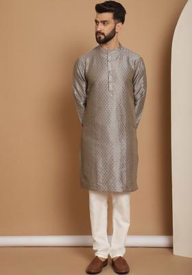 Grey Embroidered Silk Kurta Set For Men