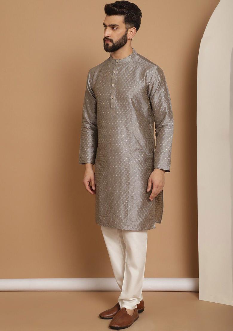 Grey Embroidered Silk Kurta Set For Men - Indya