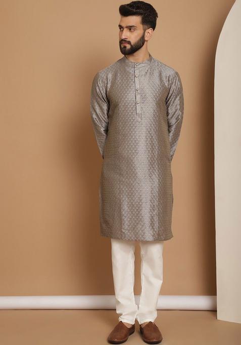Grey Embroidered Silk Kurta Set For Men