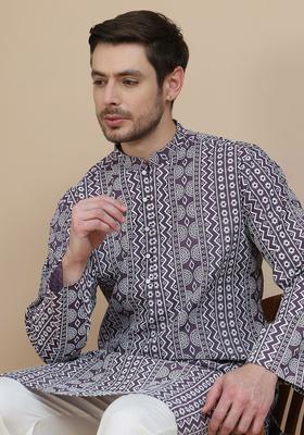 Purple Printed Silk Kurta Set For Men