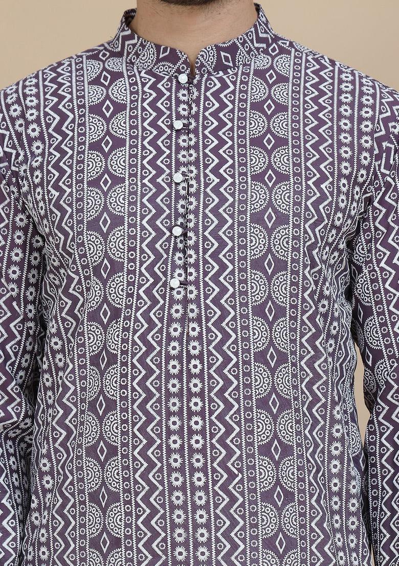 Purple Printed Silk Kurta Set For Men - Indya