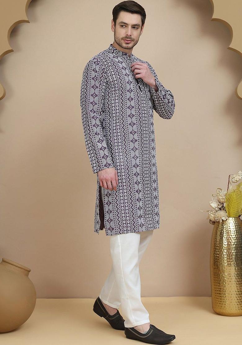 Purple Printed Silk Kurta Set For Men - Indya