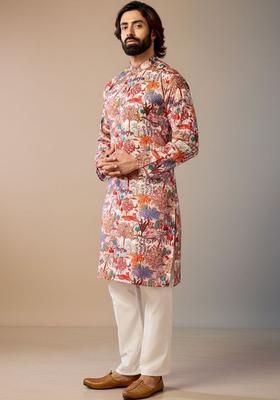Peach Printed Silk Kurta Set For Men