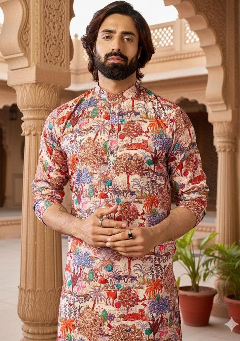 Peach Printed Silk Kurta Set For Men - Indya