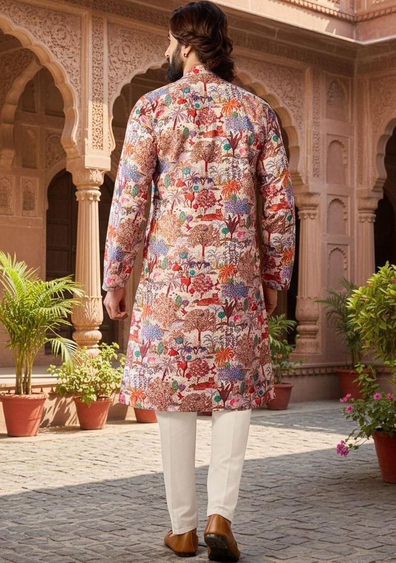 Peach Printed Silk Kurta Set For Men - Indya