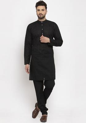Black Woven Design Cotton Kurta Set For Men