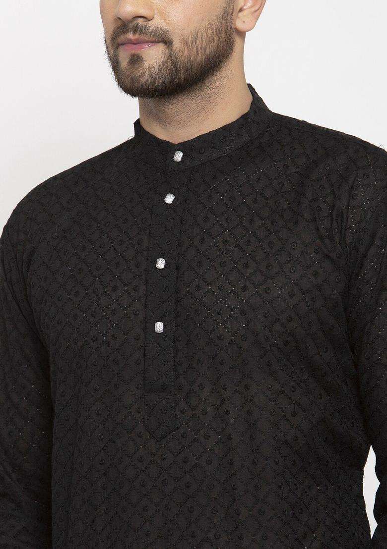 Black Woven Design Cotton Kurta Set For Men - Indya
