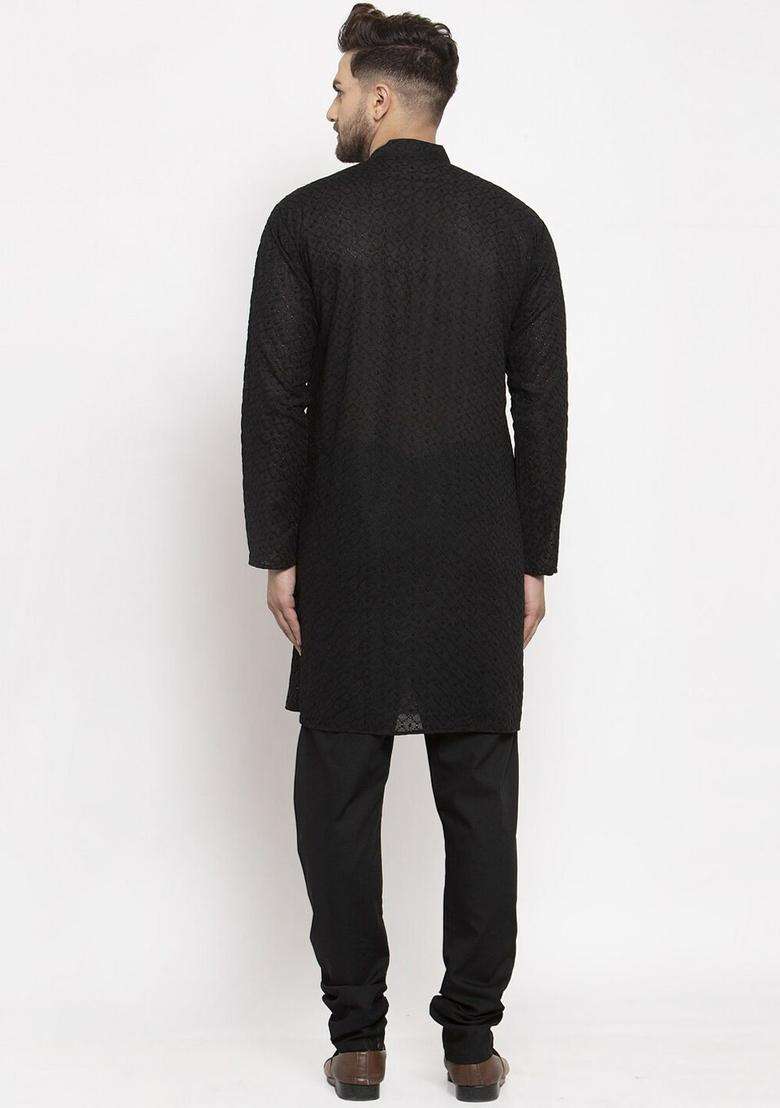 Black Woven Design Cotton Kurta Set For Men - Indya