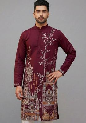 Maroon Embroidered Silk Kurta Set For Men