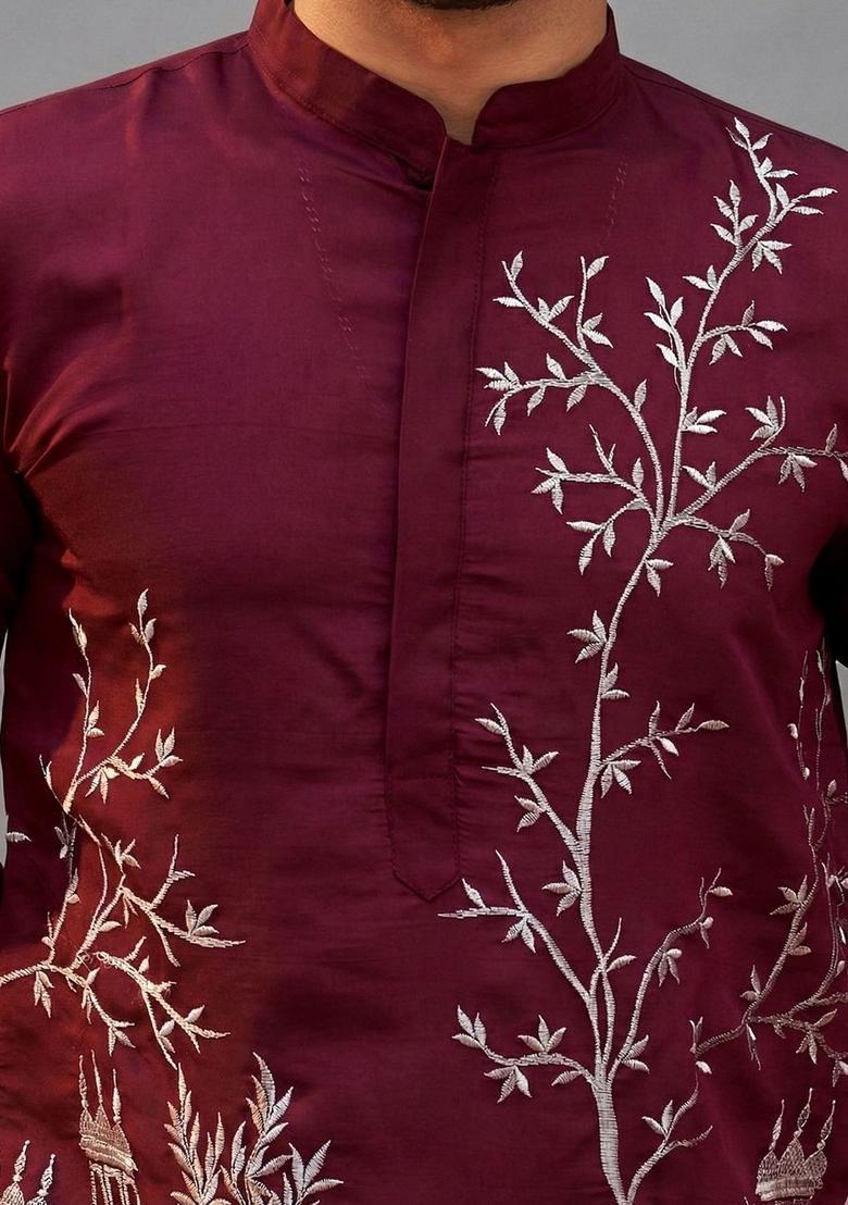Maroon Embroidered Silk Kurta Set For Men - Indya
