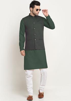 Olive Solid Cotton Kurta Set For Men