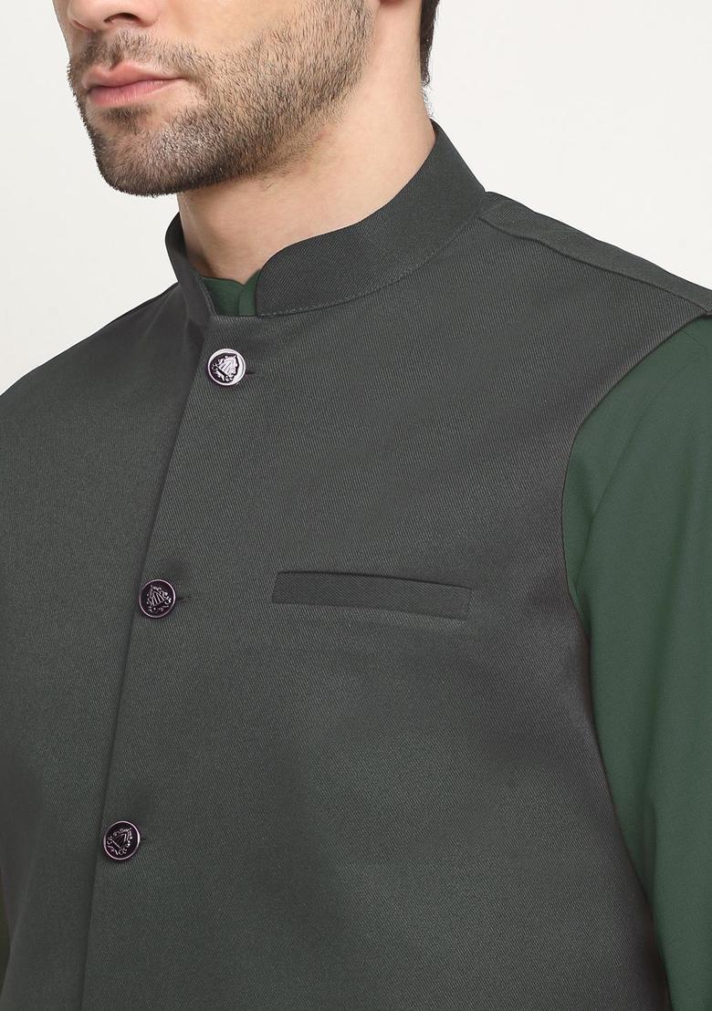 Olive Solid Cotton Kurta Set For Men - Indya