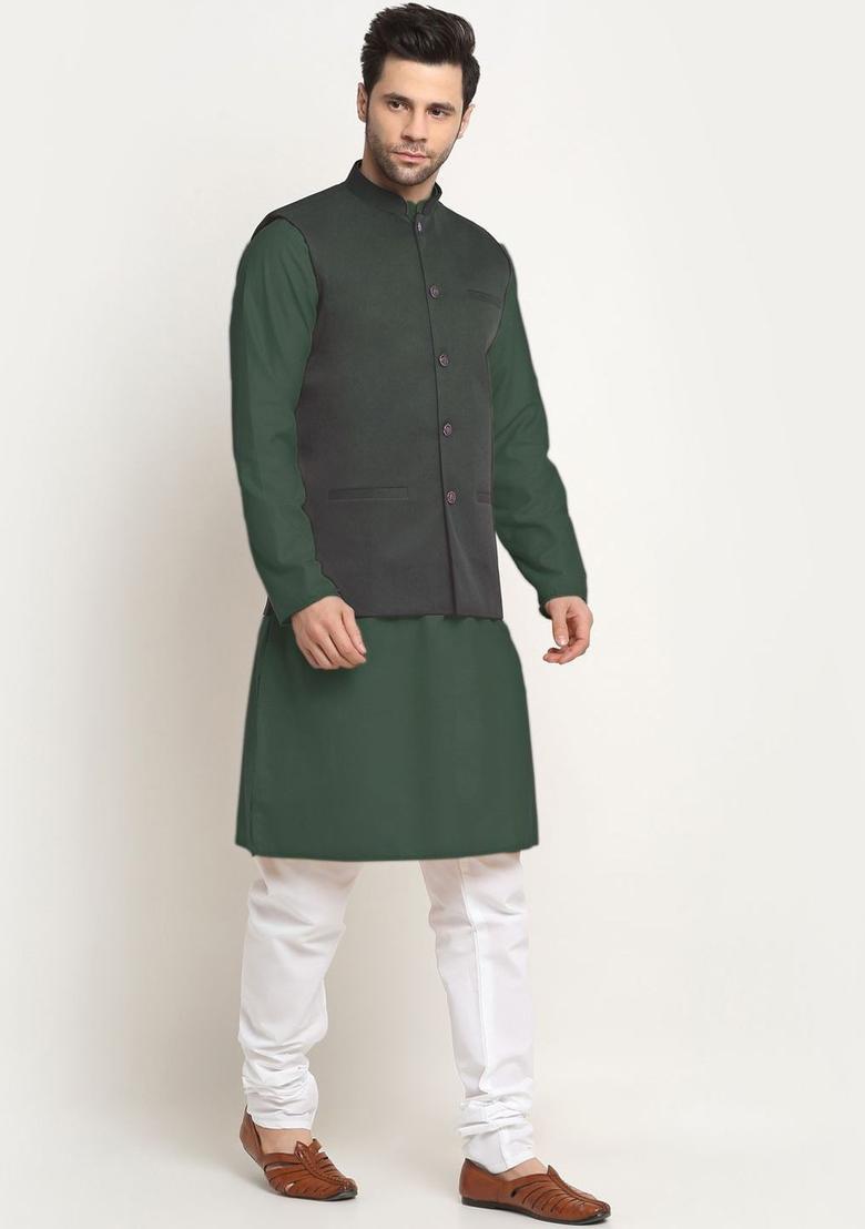Olive Solid Cotton Kurta Set For Men - Indya