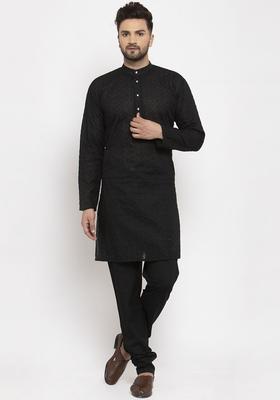 Black Woven Design Cotton Kurta Set For Men