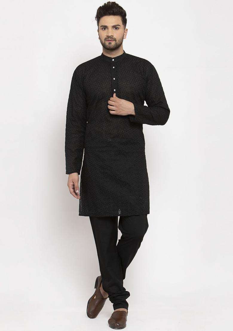 Black Woven Design Cotton Kurta Set For Men - Indya