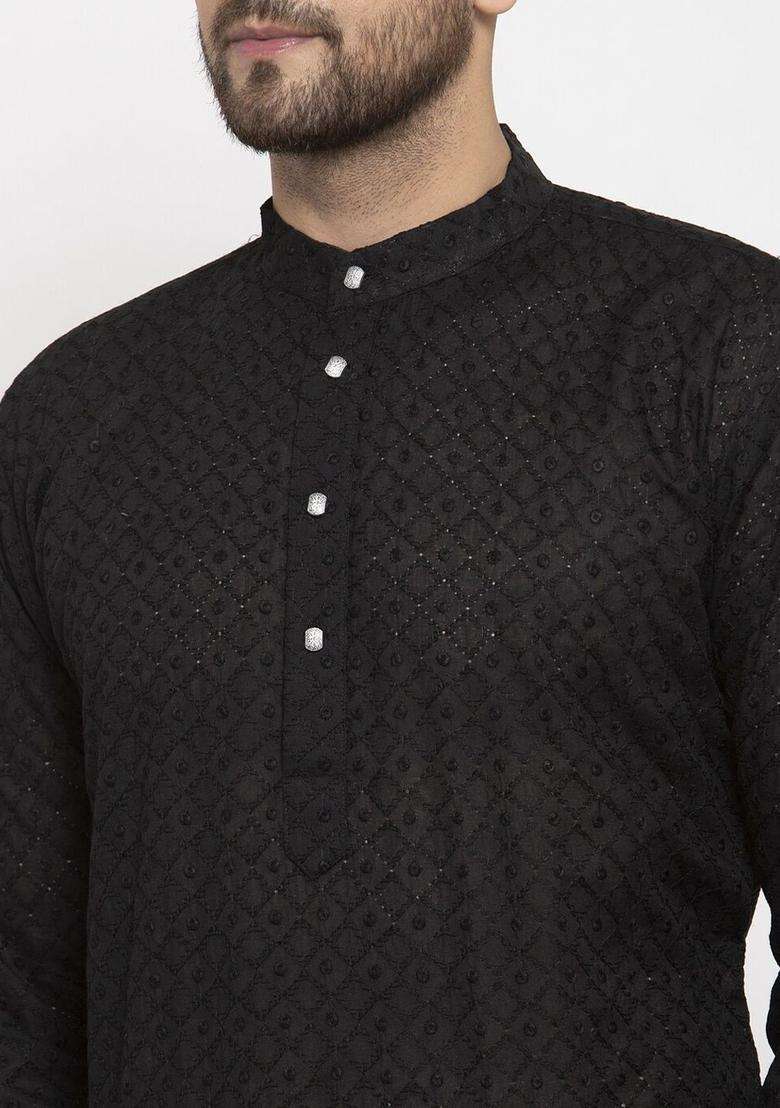 Black Woven Design Cotton Kurta Set For Men - Indya