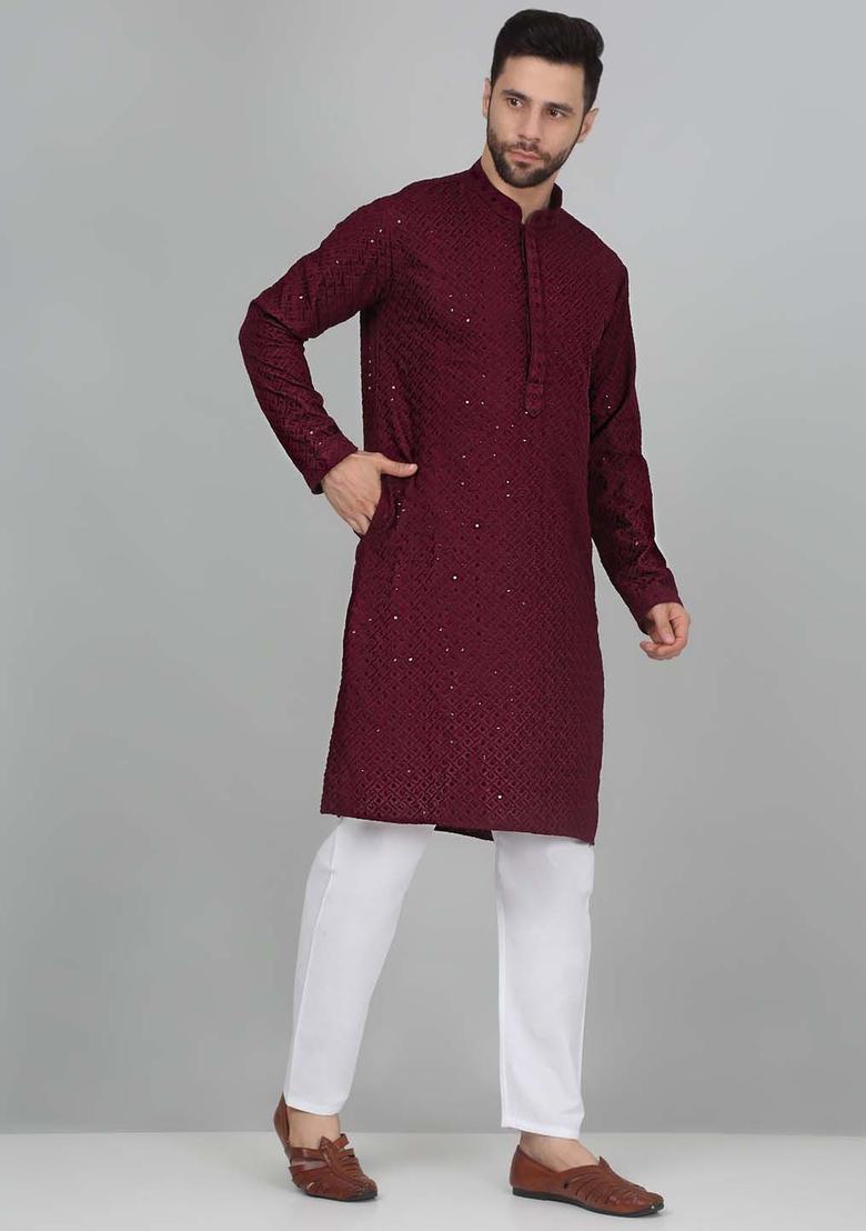Maroon Embroidered Cotton Kurta Set For Men - Indya