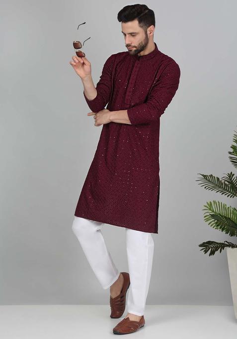 Maroon Embroidered Cotton Kurta Set For Men
