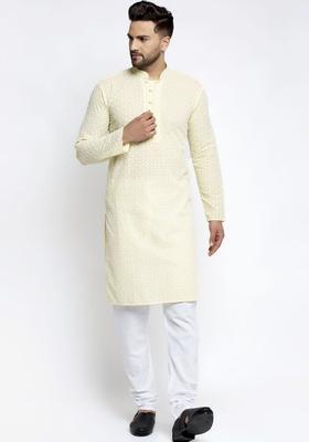 Yellow Woven Design Cotton Kurta Set For Men