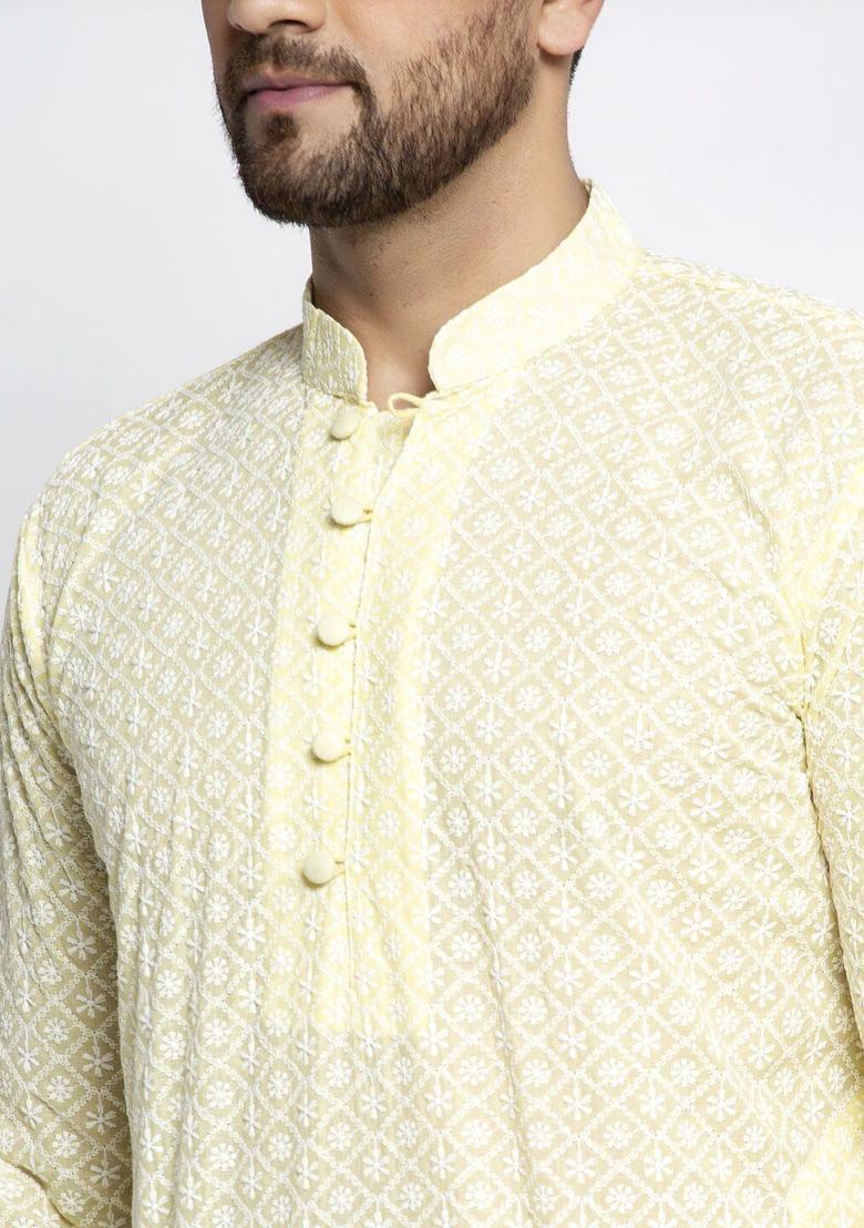 Yellow Woven Design Cotton Kurta Set For Men - Indya