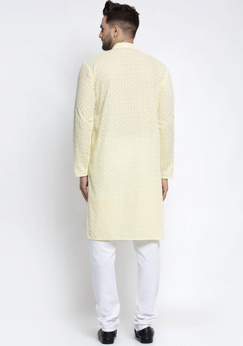 Yellow Woven Design Cotton Kurta Set For Men - Indya