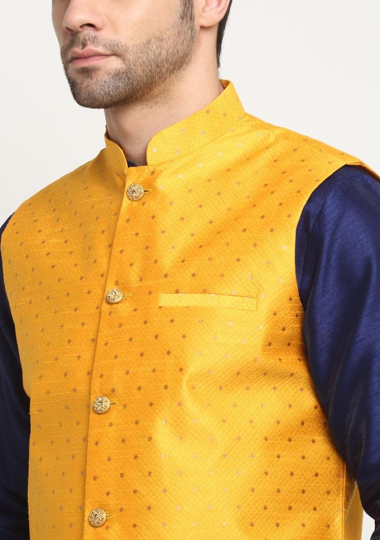 Blue Woven Design Silk Kurta Set For Men - Indya