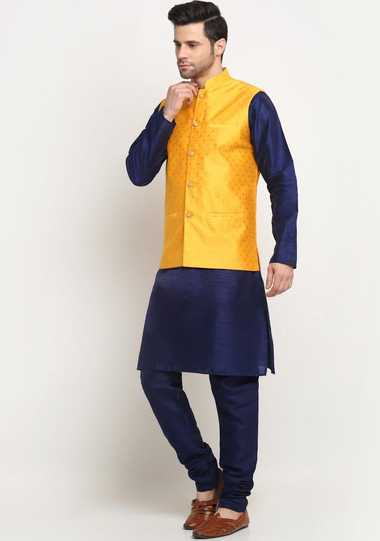 Blue Woven Design Silk Kurta Set For Men - Indya