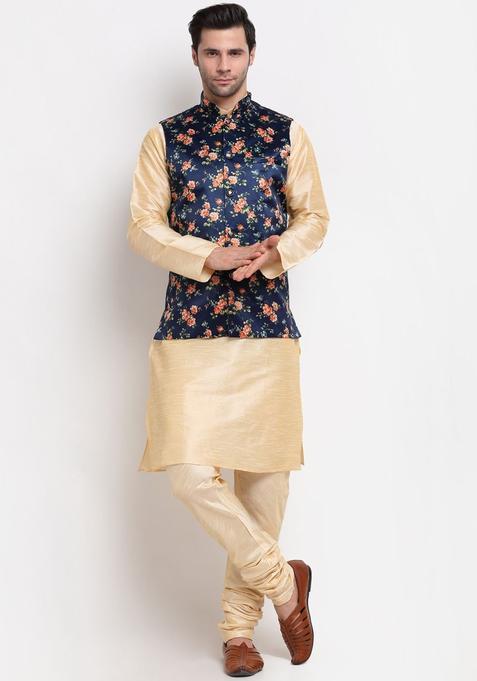 Beige Printed Silk Kurta Set For Men