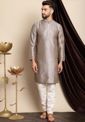 Grey Woven Design Silk Kurta Set For Men