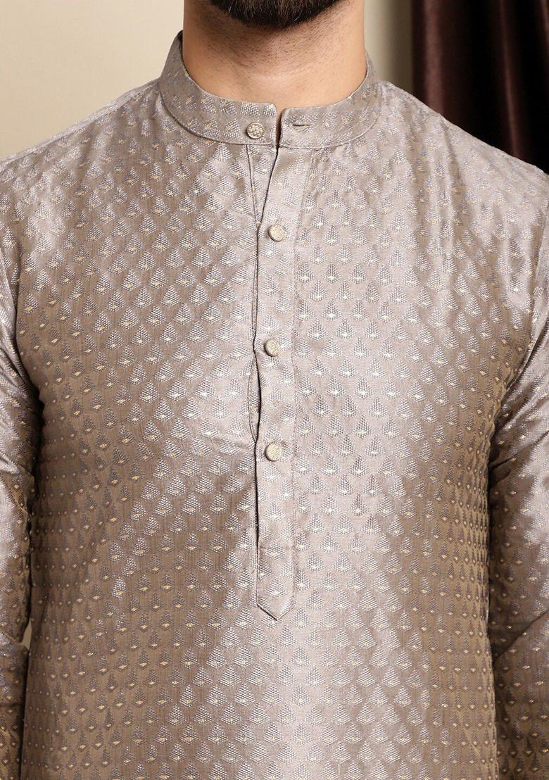Grey Woven Design Silk Kurta Set For Men - Indya